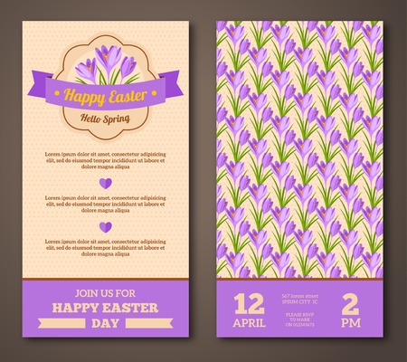 Vintage Happy Easter Greeting Card Design. Vector Illustration. Retro Banners with Pattern. Easter Frame with Crocuses.のイラスト素材