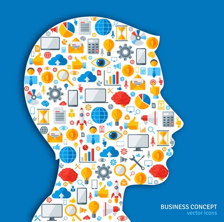 Creative concept of Business Processes. Vector illustration. Man silhouette with Business icons and symbols in his head. Brainstorming process. Business Idea Generation.のイラスト素材