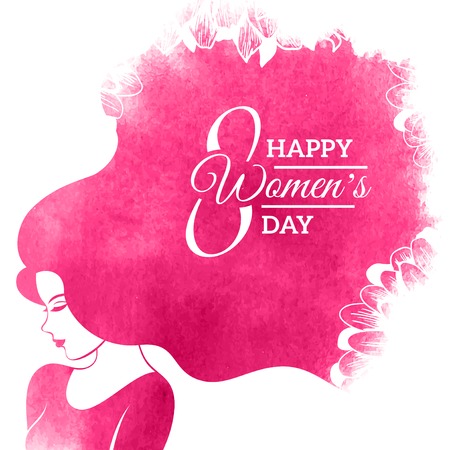 Watercolor Fashion Woman with Long Hair. Vector Illustration. Happy International Womens Day Greeting Card Design. Flowers Pattern. Typographic Composition for 8 March Dayのイラスト素材