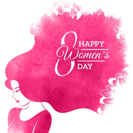 Watercolor Fashion Woman with Long Hair. Vector Illustration. Happy International Womens Day Greeting Card Design. Flowers Pattern. Typographic Composition for 8 March Day