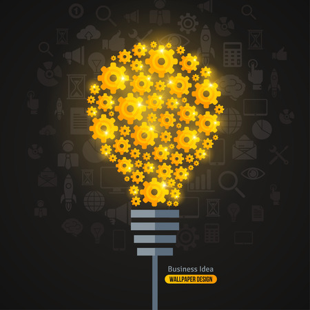 Light Bulb with Gears Pattern and Business Icons Background. Vector Illustration. Shining Light Bulb formed by Golden Gears. Business Idea Creative Concept. Idea Abstract Infographics Template.のイラスト素材