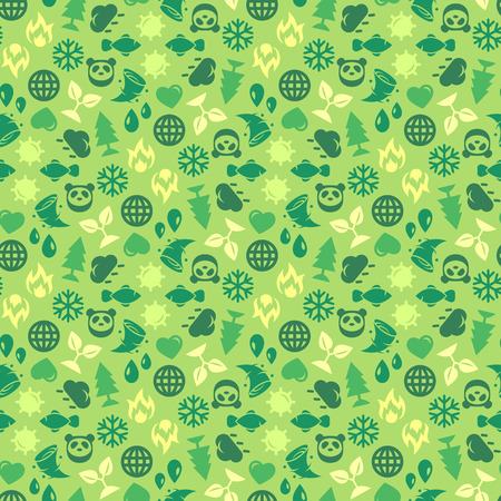 Green Ecology Background Made of Eco Icons. Vector Seamless Pattern. Save Planet. Wild Life Icons. Weather Icons.のイラスト素材
