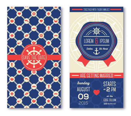 Set of romantic wedding invitations in marine style. Vector illustration. Sea symbols pattern in vintage style. Save the date cards. Beach party. Typographic template for your text.のイラスト素材
