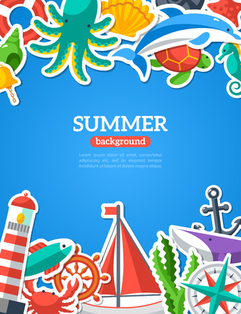 Summer concept with flat icons. Vector illustration. Marine symbols. Sea leisure sport. I love summer.のイラスト素材