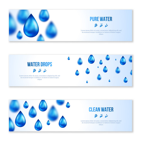 Blue shiny water drops banners set. Vector illustration. Fresh rain template for cover card design. Pure organic water. Clean water. Mountain mineral rich water. Spring water.のイラスト素材