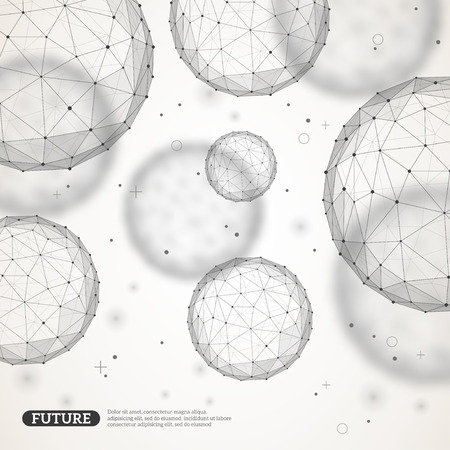 Wireframe mesh polygonal elements. Spheres with connected lines and dots. Connection Structure. Geometric Modern Technology Concept. Digital Data Visualization.のイラスト素材