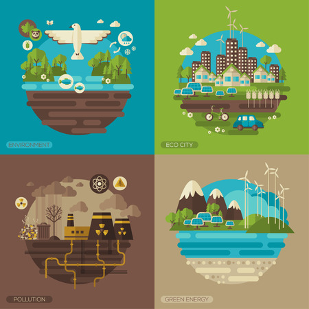 Vector flat design concept illustrations with icons of ecology, environment, green energy and pollution.  Save world. Save the planet. Save the Earth. Creative concept of Eco Technology.のイラスト素材