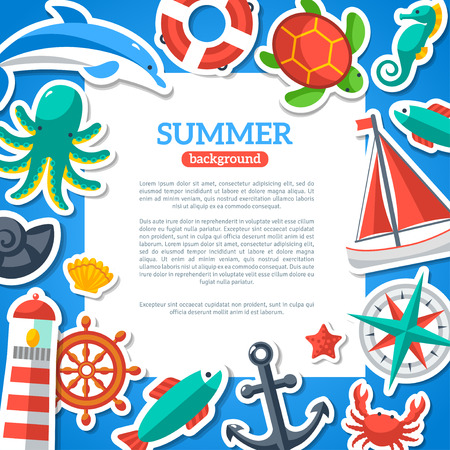 Summer Concept Flyer Template with Flat Marine icons. Vector Illustration. Marine Symbols. Sea Leisure Sport. I Love Summer. Compass, Yacht and Sea Creatures.のイラスト素材