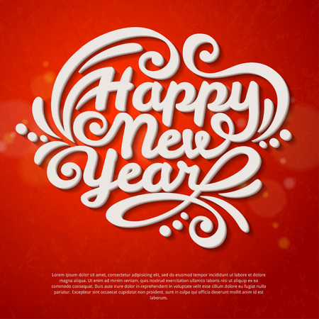 Happy New Year Lettering Greeting Card. Vector Illustration. Red Textured Background with Lights.のイラスト素材