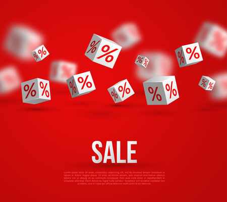 Sale Poster. Vector Illustration. Design Template for Holiday Sale Event. 3d White Cubes with Percents on Red Background. Original Festive Backdrop.のイラスト素材