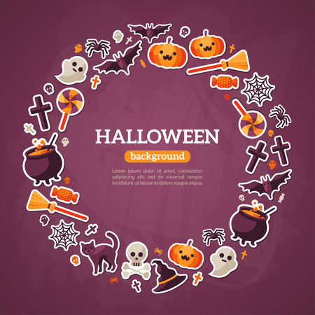 Halloween Concept. Flat Icons Arrange in the Circle Frame. Vector Illustration. Halloween Symbols. Violet Textured Background.のイラスト素材
