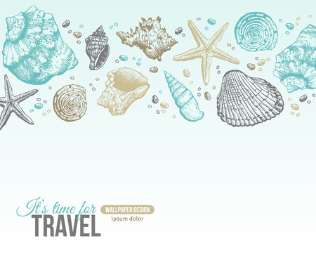 Summer Sea Shells Postcard Design. Vector Background with Seashells, Sea Star and Sand. Hand Drawn Etching Style. Place for Your Text.