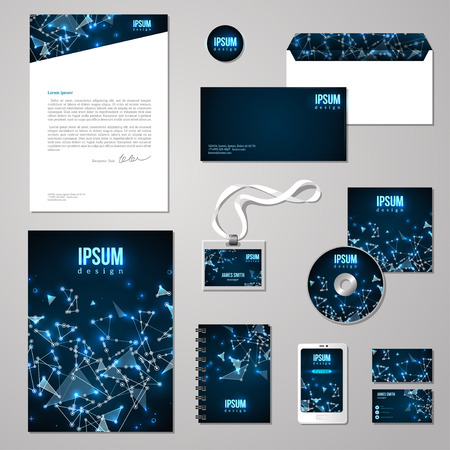 Corporate identity template with Shining Wireframe Elements. Vector company style for brandbook and guideline. Envelope, business cards, folder, notebook, badge, phone interface design.のイラスト素材