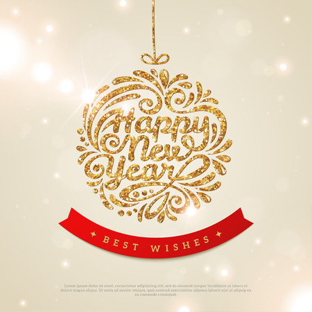 Merry Christmas and Happy New Year Greeting card. Shiny Gold Christmas Bauble with Sequins. Vector illustration. Smooth background with Lights. Wallpaper.のイラスト素材