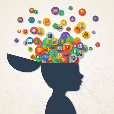 Creative concept of education. Vector illustration. Boy silhouette with school icons and symbols in his head. Back to school. Learning process.のイラスト素材