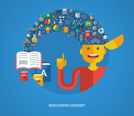 Creative concept of education. Vector illustration. Boy student with school icons and symbols flying from books into his head. Back to school. Learning process.のイラスト素材