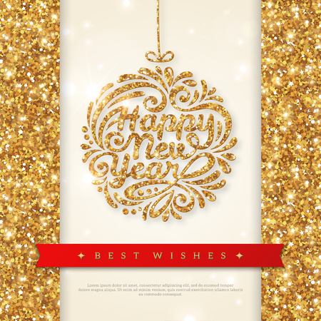 Merry Christmas and Happy New Year Greeting card. Shiny Gold Christmas Bauble with Sequins. Vector illustration. Smooth background with Lights. Wallpaper.のイラスト素材