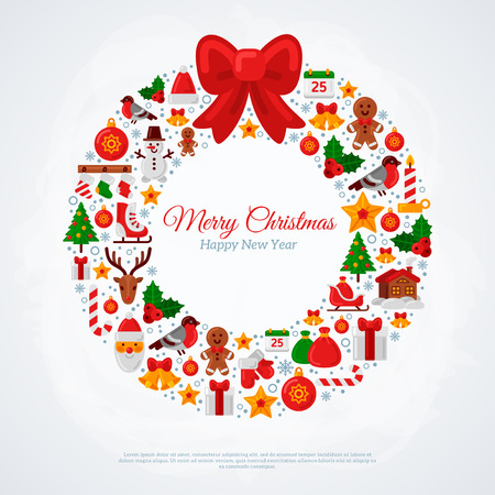 Christmas Wreath assembled from Christmas Icons. Red Ribbon Bow. New Year Gifts and Candy on White background. Flat style. Vector Illustration.のイラスト素材