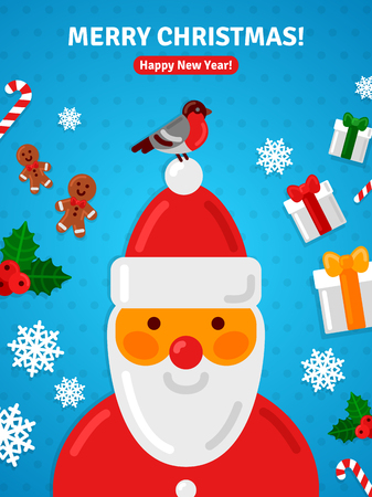 Merry Christmas Greeting Card or Poster Concept with Santa Claus Portrait. Bullfinch Siting on Santa\'s Hat.Gift Box, Candy Cane, Gingerbread Man, Snowflakes. のイラスト素材