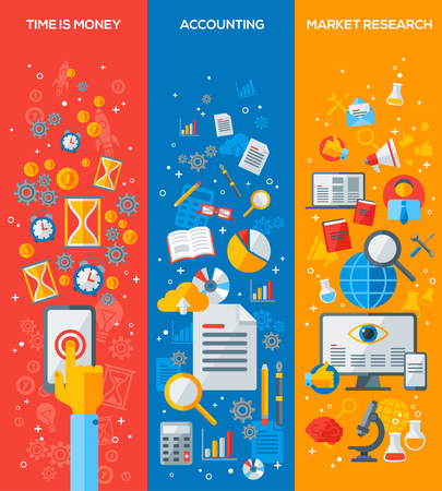 Set of Vertical Business Banners Concept with Flat Icons and Symbols. Vector Illustration. Long Hand Touch Phone Screen. Time Management, Time is Money, Accounting, Marketing Research, Business Visionのイラスト素材
