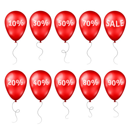 3d Red Balloons with Percents and Sale Text. Vector illustration. Design elements template for holiday sale event. Red Balloons Set Isolated on white background.のイラスト素材