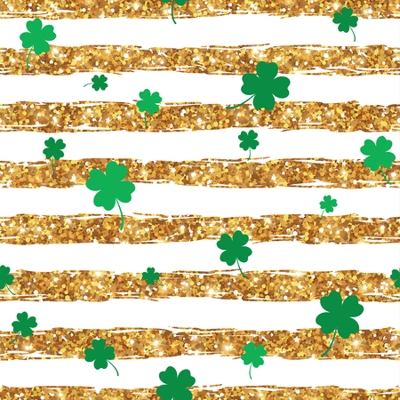 Seamless pattern with clover. St. Patrick's day background. Vector Illustration. Green shamrock leaves on striped gold shiny backdrop. Patrick Day Design, Brochure Cover, Poster, Invitation Design.のイラスト素材