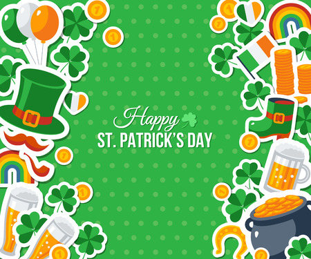 Happy St. Patrick's Day Greeting Card, Banner or Flyer. Vector illustration. Party Invitation Design with Irish Elements Pattern. Typographic Template for Text. Patrick Flat Stickers Frame Borderのイラスト素材