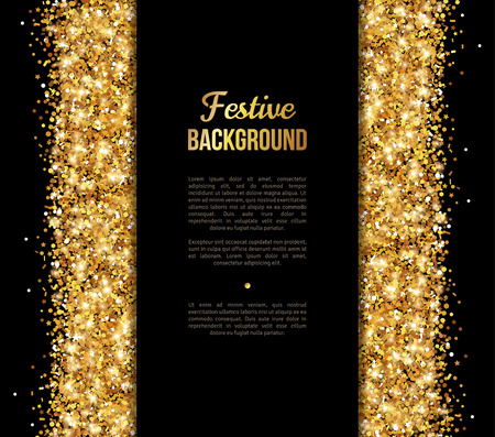 Black and Gold Banner, Greeting Card Design. Golden Dust. Vector Illustration. Happy New Year and Christmas Poster Invitation Template. Place for your Text Message.のイラスト素材