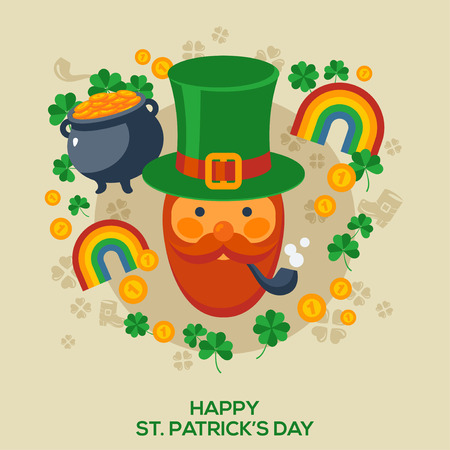 Happy St. Patrick's Day Greeting Card. Vector Illustration. Flat Patricks Day Signs and Symbols. Cute Leprechaun in Green Hat. Four Leaf Clover, Rainbow, Pot with gold coins. Flat Icons.のイラスト素材