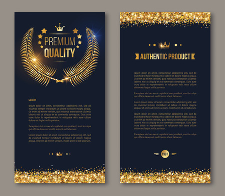 Flyer design layout template. Vector illustration. Business brochure design with golden laurel wreath and gold confetti on dark background. Glittering premium vip design.