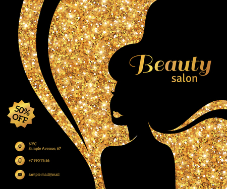 Black and Gold Flyer Template, Fashion Woman with Long Hair. Vector Illustration.のイラスト素材