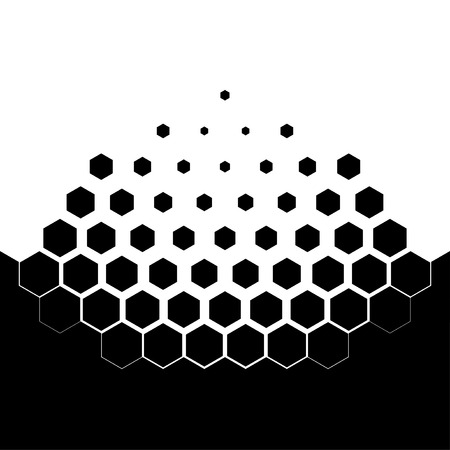 Abstract concept of dissolution. Black and white scheme of erosion. Vector illustration. Hexagonal particles. Monochrome scientific background.のイラスト素材