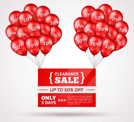 Red Shiny Flying Balloons with Sale Banner. Vector Illustration. Concept of Discount. Design elements template for holiday sale event. Big Bunches of Red Balloons with Percent Signs.のイラスト素材