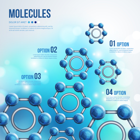 Chemistry Infographic with Blue Molecules design. Vector illustration. Atoms. Medical background for banner or flyer. Benzene structure with ring. Blurred backdrop with flare lights, bokeh.のイラスト素材