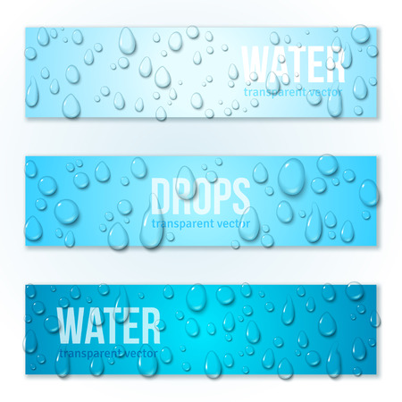 Horizontal Banners Set with Water Drops. Vector illustration. Realistic Transparent Dew on Blue Background. Clean pure aqua droplets.のイラスト素材
