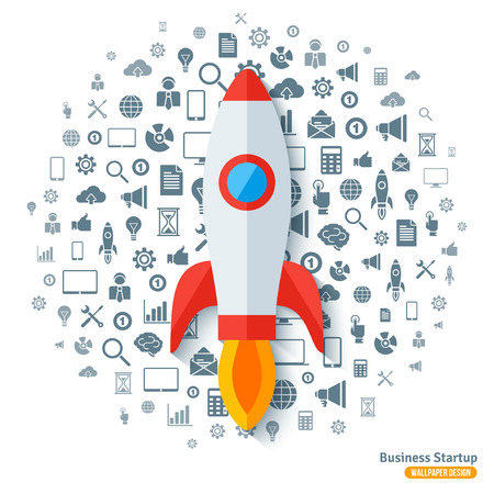 Rocket Sticker with Business Black Icons Pattern. Vector illustration. Startup launch Abstract Infographics Concept.のイラスト素材