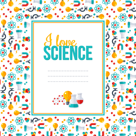 I love science, pattern with square frame. Vector illustration. Back to school background. Physics, Chemistry, Biology, laboratory equipment flat icons. Scientific Research, Chemical Experiment.のイラスト素材