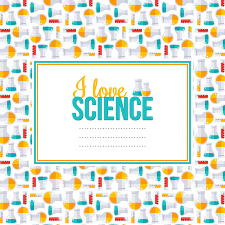 I love science, pattern with square frame. Vector illustration. Back to school background.  Chemistry laboratory equipment flat icons, flask and tubes. Scientific Research, Chemical Experiment.のイラスト素材
