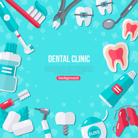 Dentistry Banner With Flat Icons on Blue Background. Vector illustration. Dental Concept Frame. Healthy Clean Teeth. Dentist Tools and Equipment.のイラスト素材