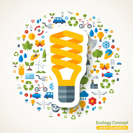 Energy saving yellow light bulb symbol flat sticker. Vector concept illustration with icons of ecology, environment, green energy and pollution. Save the planet. Eco Technology.のイラスト素材