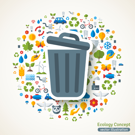 Trash can symbol flat sticker. Vector concept illustration with icons of ecology, environment, green energy and pollution. Save the planet. Eco Technology.のイラスト素材