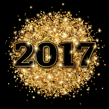 Happy New Year 2017 Greeting Card with Numbers on Black Background. Merry Christmas Design. Golden Dust Explosion. Gold Fireworkのイラスト素材