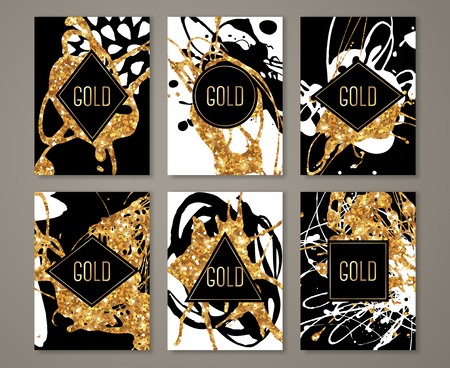 Black and Gold Banners Set, Greeting Card Design. Golden Brush Strokes. Illustration. Painted Poster Invitation Template.のイラスト素材