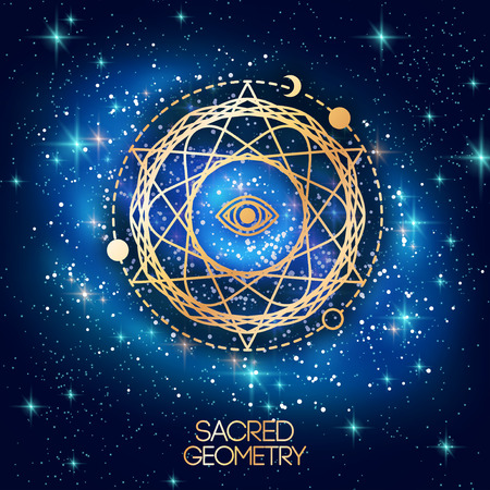 Sacred Geometry Emblem with Eye in Star on Shining Galaxy Space Background. Vector illustration.のイラスト素材
