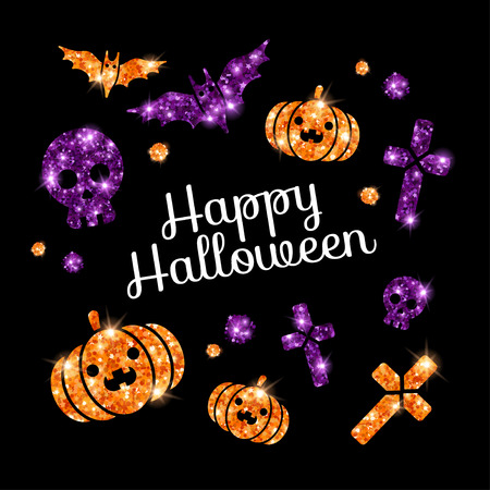 Happy Halloween Greeting Card with Holiday Symbols on Black Background. Violet Bats, Cross and Skull, Orange Pumpkin. Glittering Siny Texture. Vector illustration.のイラスト素材