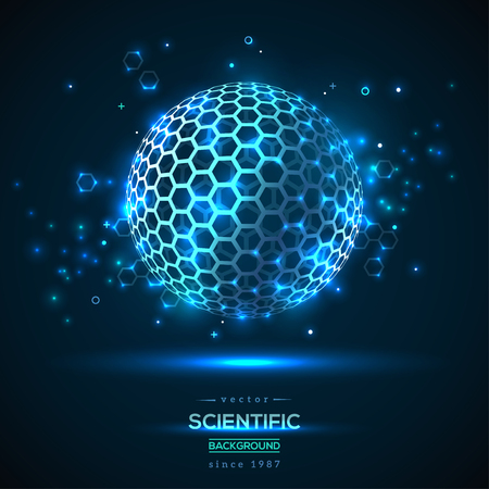 Abstract Geometric Particle like Fullerene. Technology Concept Background with Glowing Particles. Scientific Future Backdrop with Wireframe Sphere. Vector Illustration.のイラスト素材