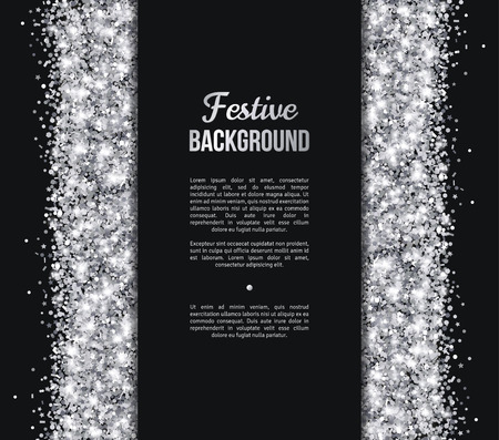 Black and Silver Banner, Greeting Card Design. Grey Dust. Vector illustration. Sequins Pattern. Lights and Sparkles. Glowing Holiday Festive Poster. Gift Card, Voucher Designのイラスト素材