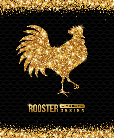2017 Chinese New Year of the Rooster. Gold Glittering Pattern on Black Background. illustration.のイラスト素材