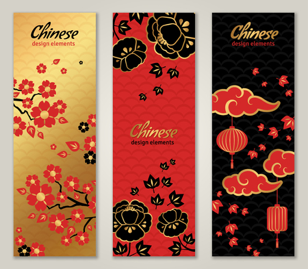 Vertical Banners Set with Chinese New Year Graphic Elements. illustration. Asian Lantern, Clouds and Flowers in Traditional Red and Gold Colorsのイラスト素材