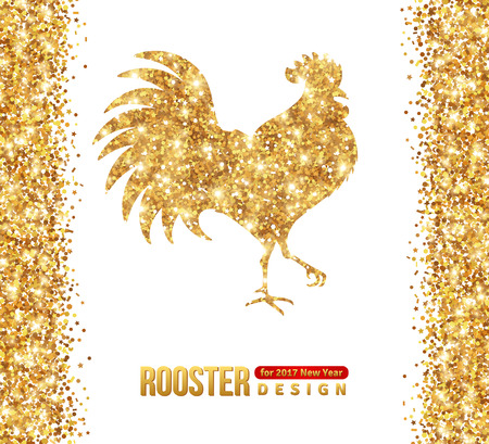 Gold Shining Rooster Silhouette Isolated on White. illustration. Happy 2017 Chinese New Year.のイラスト素材